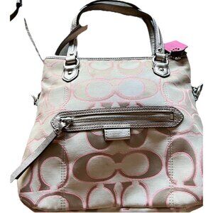 Coach Daisy Signature Metallic Outline Tote Shoulder Bag Hobo Purse Sateen PINK